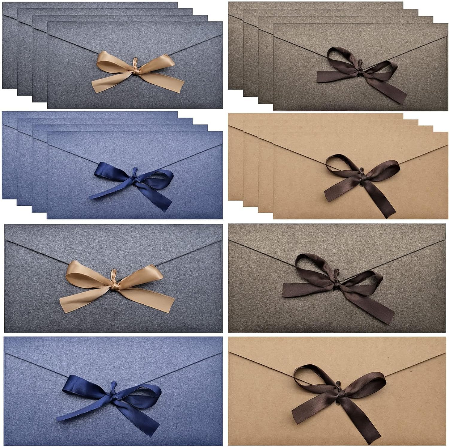 20 Coloured Envelopes with Ribbon Bow, Vintage Kraft Paper Gift Card Envelopes for Invitations, Greeting Cards, Postcards, Gifts (22×11 cm)