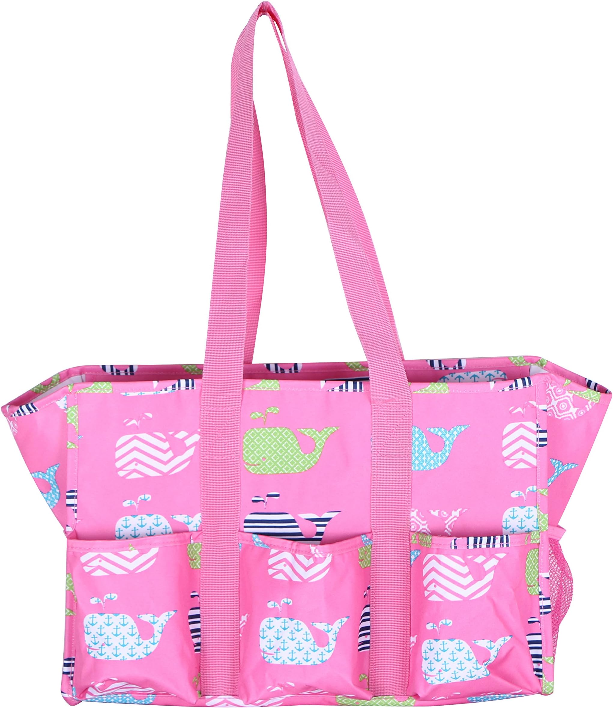 7-Pocket Tote Bag With Zipper (Pink Whales)