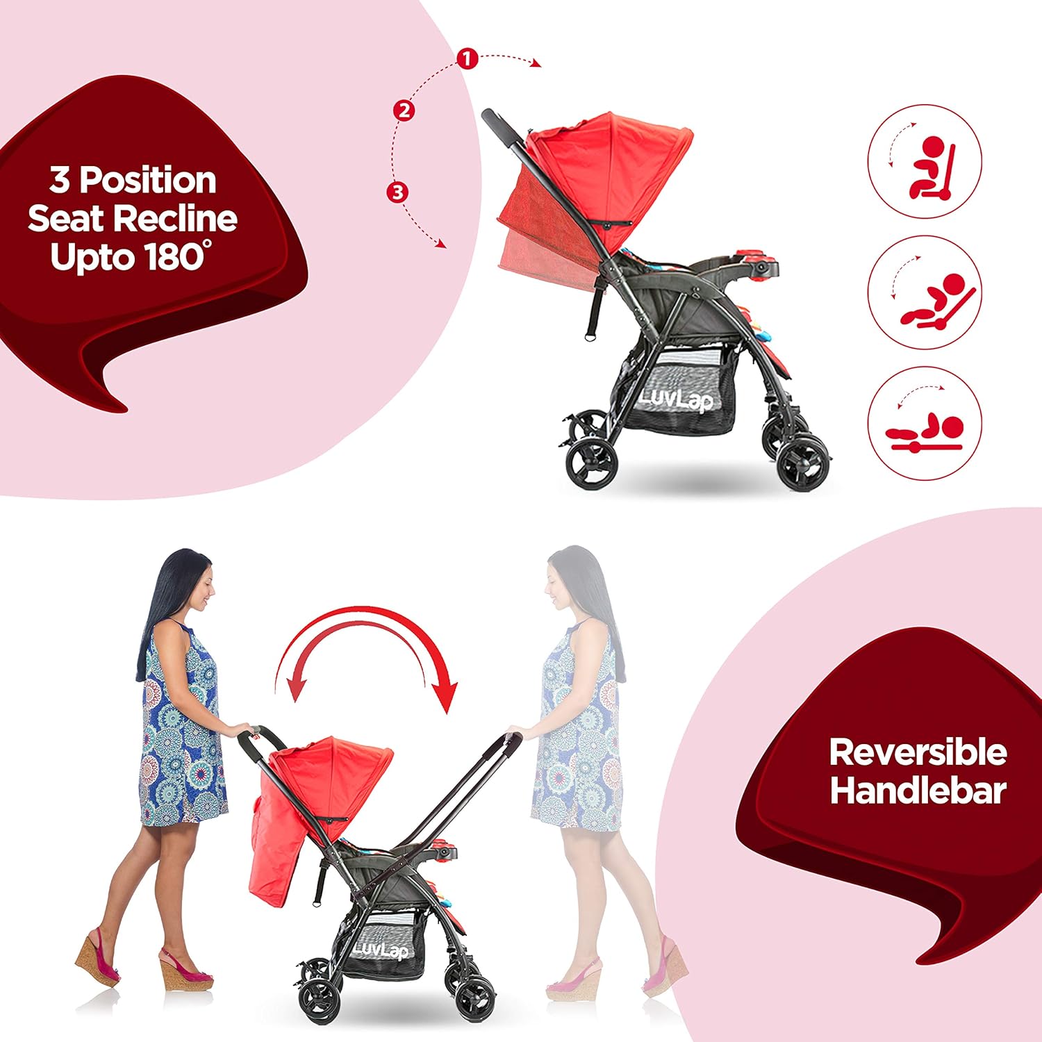 Printed Red Joy Stroller Pram, Compact and Easy Fold, for Newborn Baby