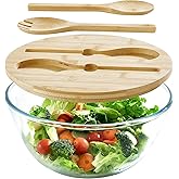 ECWAY Glass Salad Bowl With Lid, 4.7 Quart Large Serving Bowl Thick Glass Fruit Bowls With Bamboo Utensils, 10.7Inch Trifle Bowl for Salad, Pasta, Dessert Display Cake, Microwave Safe