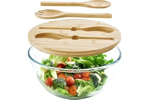 Glass Salad Bowl with Lid, 4.7 Quart Large Serving Bowl Thick Glass Fruit Bowls with Bamboo Utensils, 10.7Inch Trifle Bowl fo