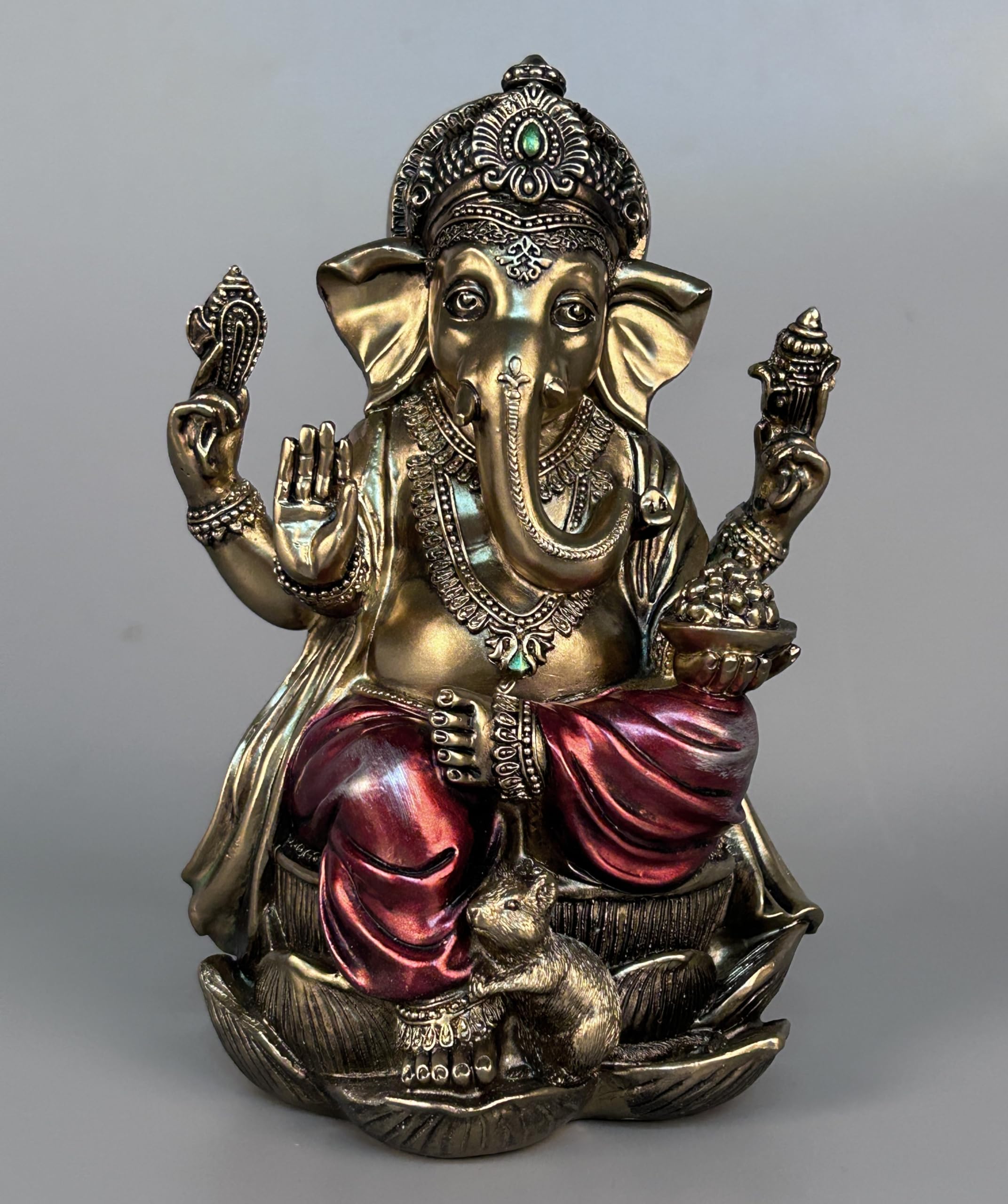 JORAE Ganesh Statue Elephant Buddha Sitting on Lotus Pedestal Lord Blessing Home Decor Hindu God Collectible Antique Bronze Finish Meditation Figurine, 7.2 in, Polyresin