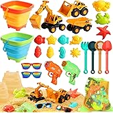 HUITEM Beach Toys for Kids, Sand Toys with 2 Collapsible Beach Bucket,3 Dump Truck,2 Sunglasses,Ocean Molds,Sandbox Shovel,2 Mesh Bag Sand Castle Building Kit Travel Beach Essentials for Toddler 3-10