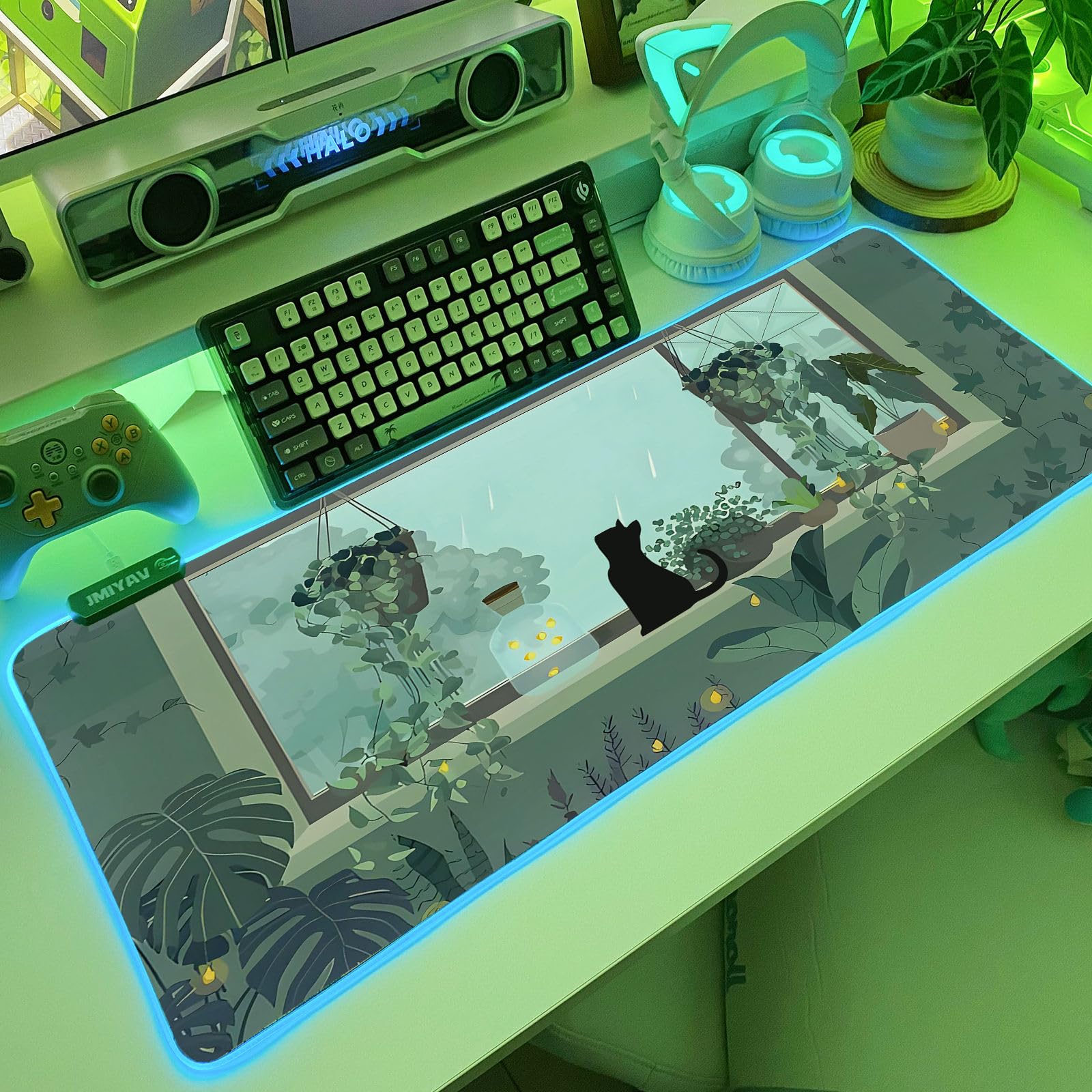 JMIYAV Black Kitten RGB Green Gaming Mouse Pad 31.5x12 Inch PC XL Large Glowing Led Light Up Desk Pad Non-Slip Rubber Base Computer Cute Mousepad Mat Desk Accessories Gaming Setup 31.5x12 Inch