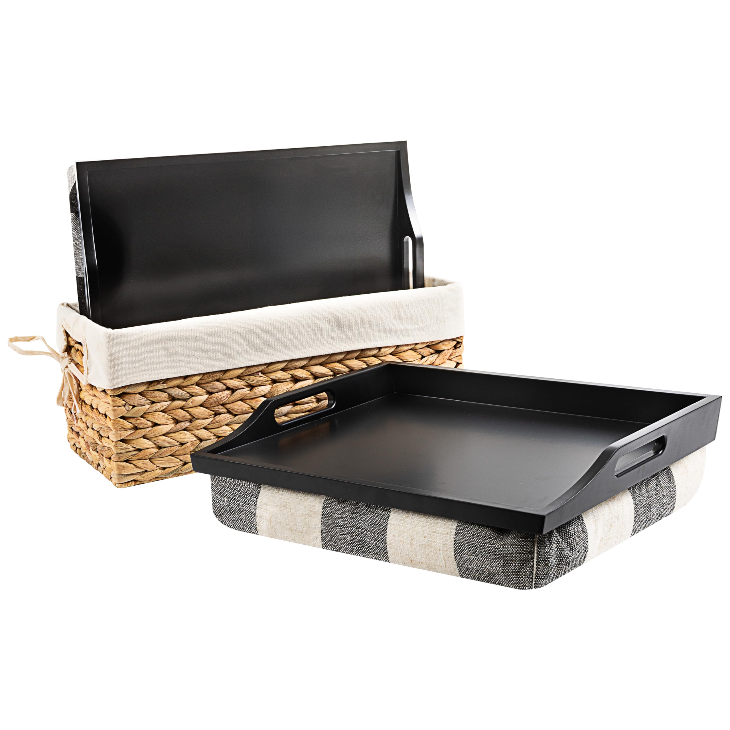 ROSSIE HOME Wood Bed Tray Lap Desk - Set of Two - with Hyacinth Storage Basket - Buffalo Check - Fits up to 15.6 Inch Laptops - Style No. 70108 Image