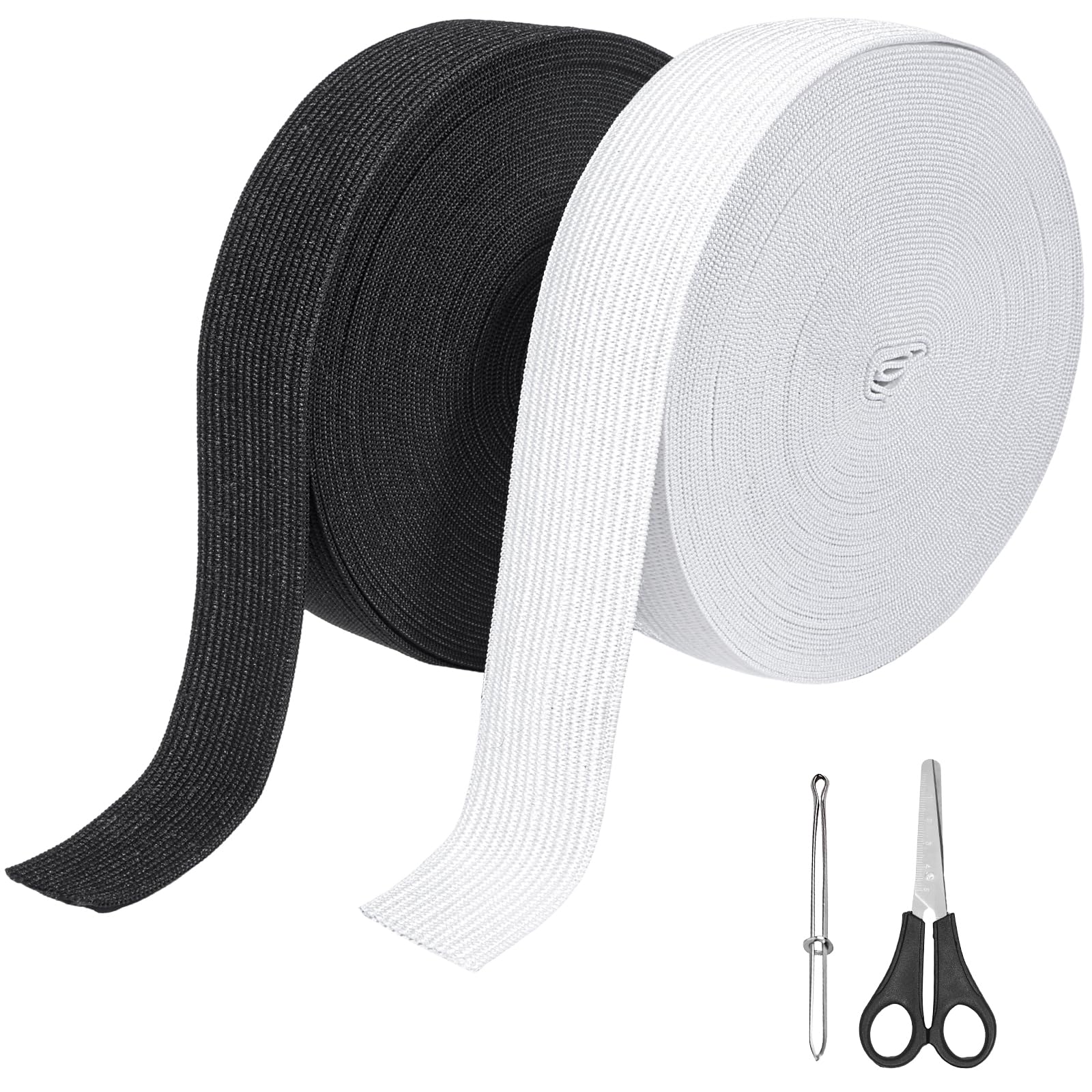 Furuising 2 Rolls White & Black Elastic for Sewing 30mm(6/5") Wide, 20M(10M Each) LAT Elastic Bands, Sewing Elastic Bands with Scissor, Threading Pinch, Stretchable Waistband for Trouser, Headbands