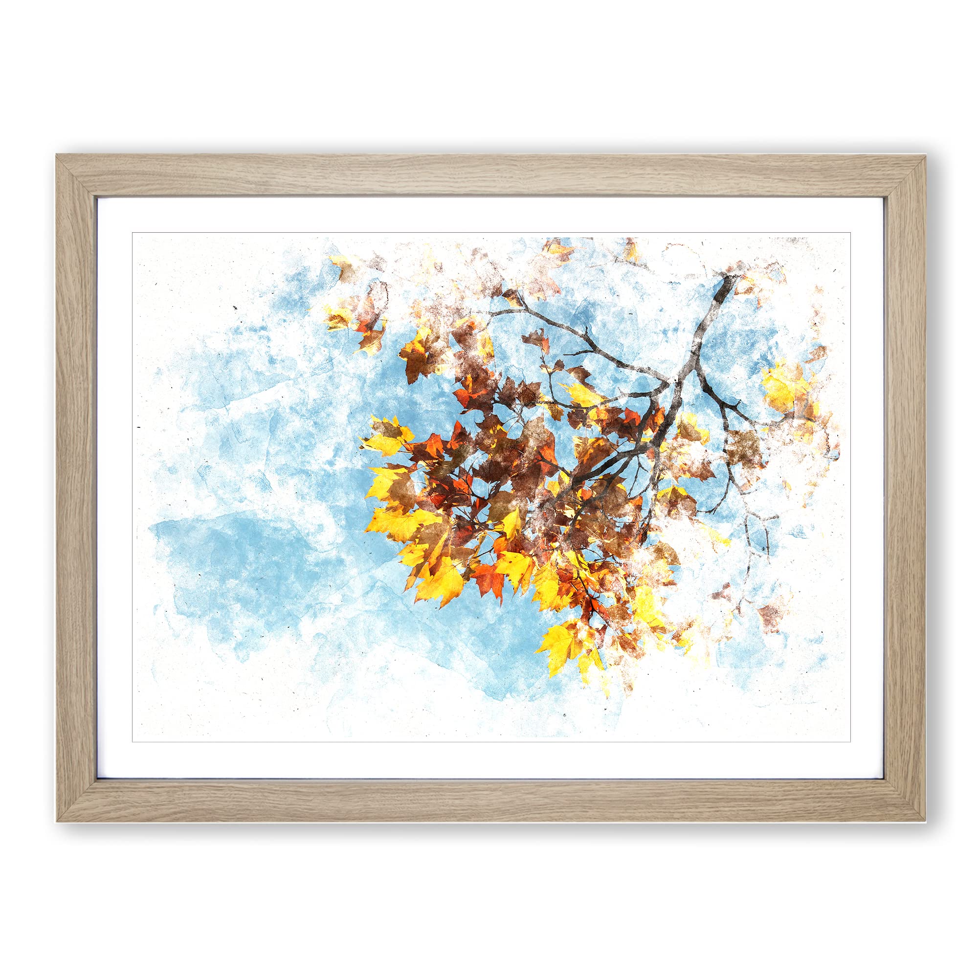 Golden Leaves Of The Sycamore Tree Watercolour Modern Framed Print | A3 Oak Framed Wall Art | Ready to Hang | Modern Floral Picture | Living Room Bedroom Lounge Office