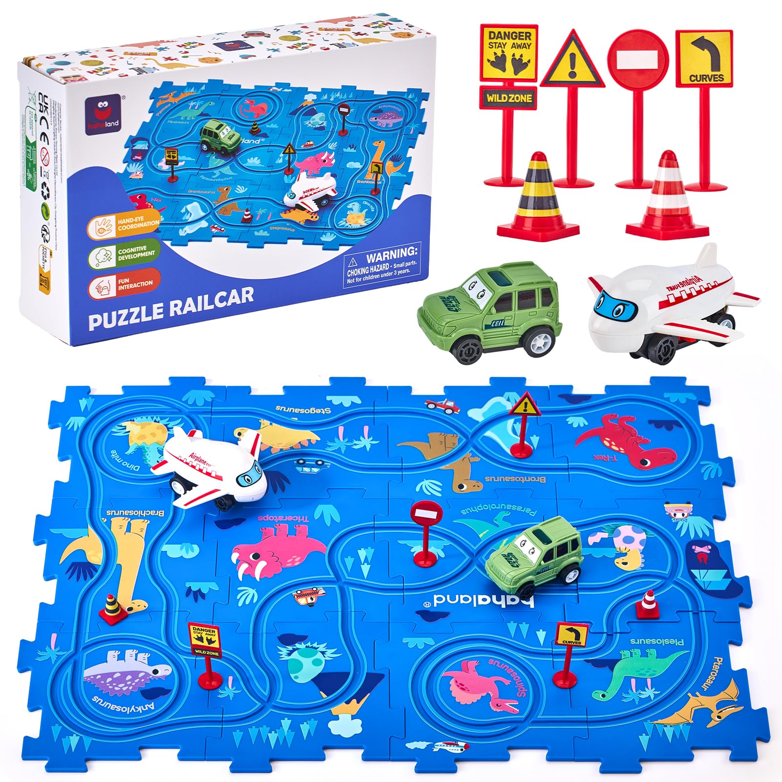 hahaland Puzzle Racer Kids Car Track Set - 5x5 Inches Larger Size of Each Piece Toys for Ages 3-4 for Kids 3 Year Old Boy Toys for 3-5 Birthday Gifts