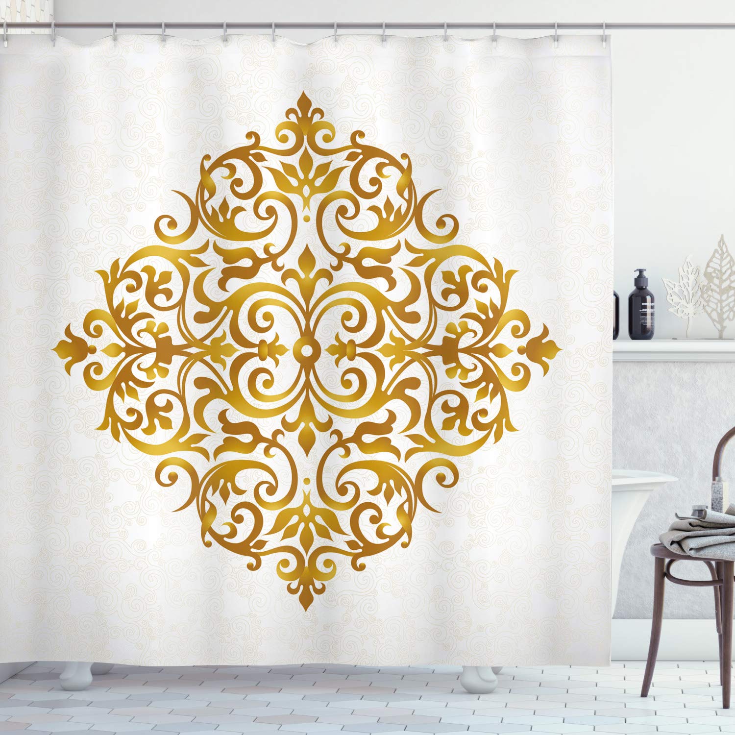 ABAKUHAUS Mandala Shower Curtain, Victorian Style Traditional Filigree Inspired Royal Oriental Classic Print, Cloth Fabric Bathroom Decor Set with Hooks, 94 Inches, Pale Caramel White — image 1