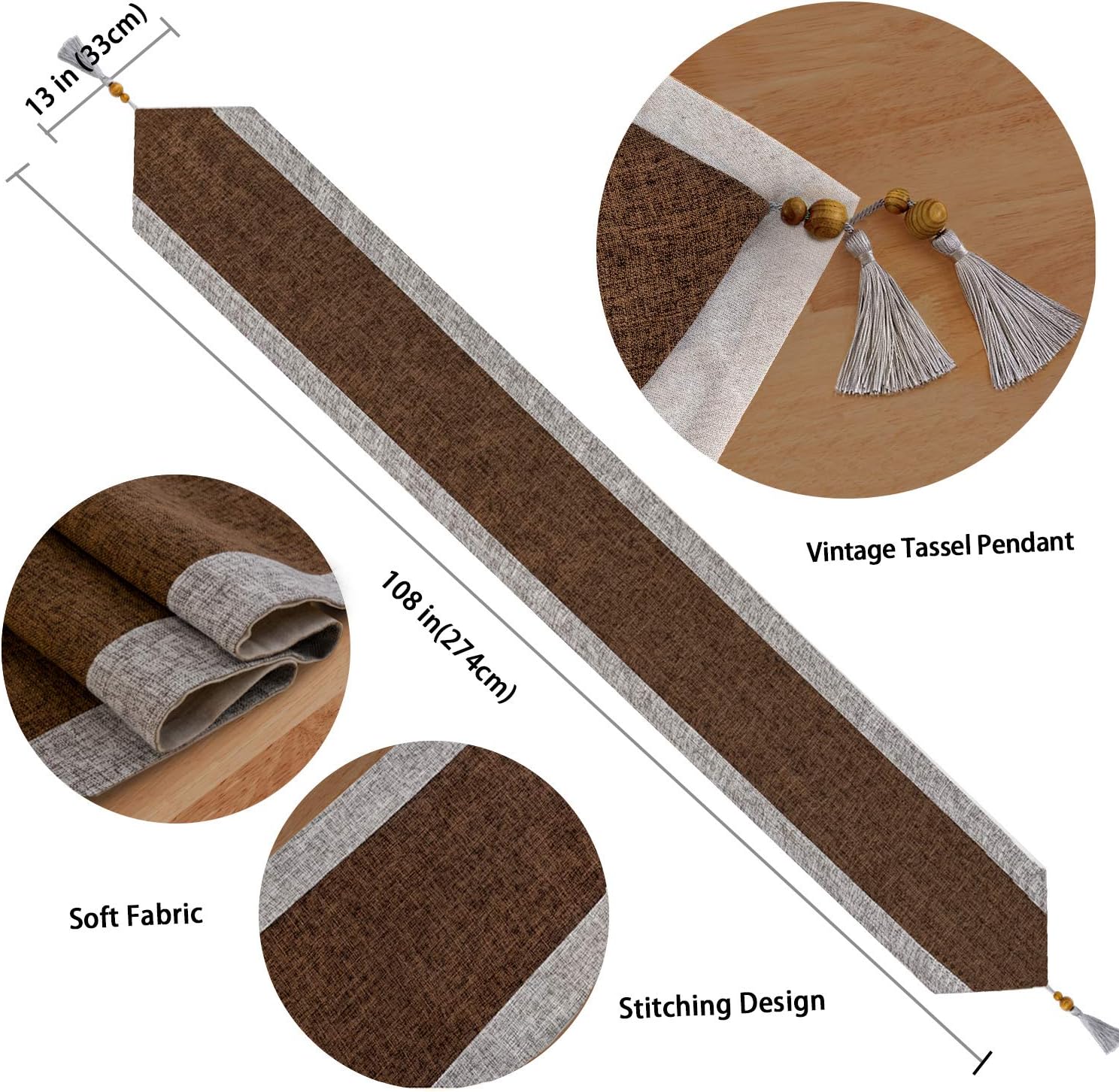 joybest Dining Table Runner 13 x 108 inch, Striped Cotton Linen Rustic Table Runners with Tassels for Family Dinner, Wedding Party Holiday Decorations, Farmhouse, Thanksgiving&Christmas, Coffee: Home & Kitchen