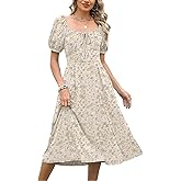 Caracilia Women Summer Casual Midi Dress Puff Short Sleeve Square Neck Floral Wedding Guest Party Graduation Dress