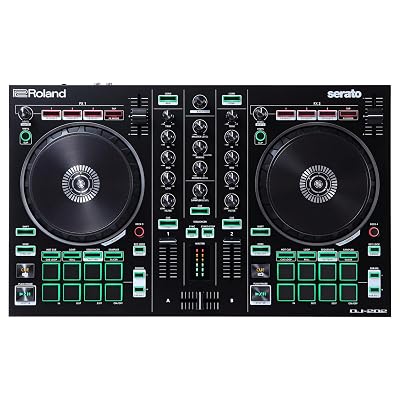 Roland DJ-202 Compact DJ Controller | 2-Channel, 4-Deck Controller for Serato DJ Lite | Large, Low-Latency Platters | Iconic Roland Drum Kit Sounds