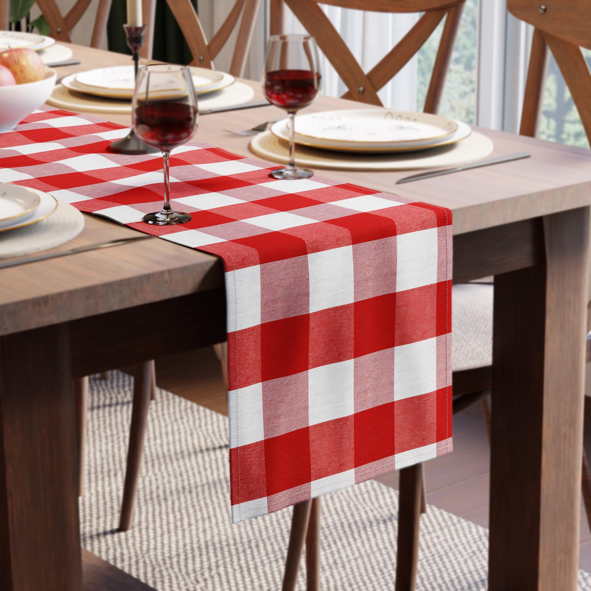 Encasa XO Cotton Dining Table Runner | Buffalo Red Checks | Size 13x91 in - Machine Washable & Durable