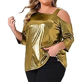 Agnes Orinda Women's Plus Size Metallic Tops One Shoulder 3/4 Sleeves Shiny Shirts Party Sparkle Top Blouses