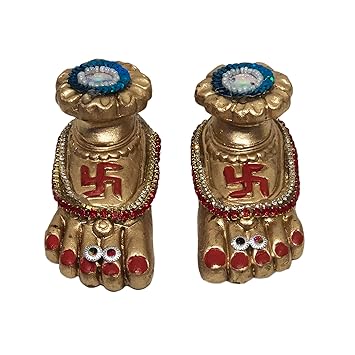 SHOPMEFAST Handmade Terracotta/Earthen Clay Ma Laxmi Charan Paduka Decorative Diya for Prosperity and Wealth for Diwali; Home Decoration (LxWxH 9.5x8x4 cm) -1 Pair (Golden Blue)