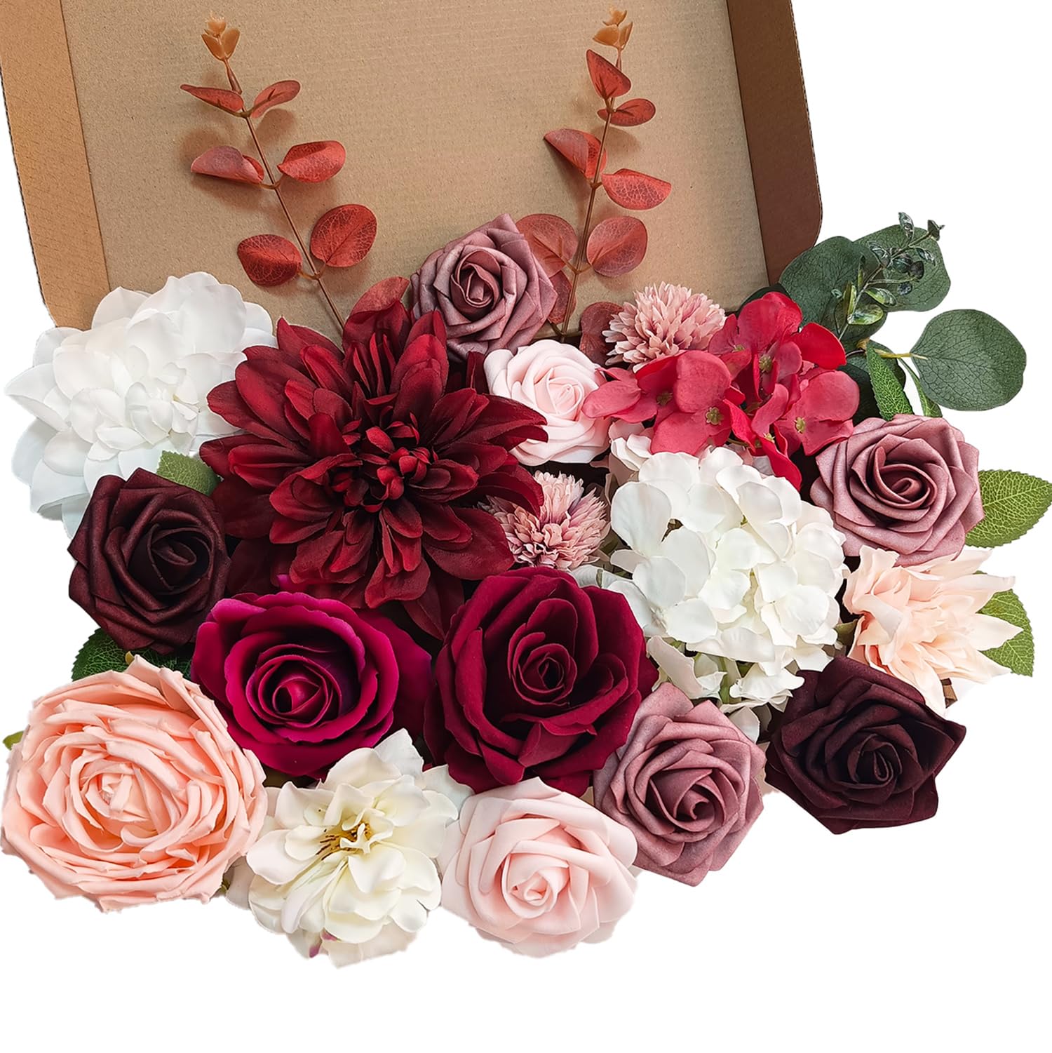 OrgMemory Artificial Flowers, Foam Fake Combo Box Set, Flowers with Stems, for DIY Floral Arrangements Bouquets Wedding Party Home Baby Shower Decor (Dusty Rose Burgundy)