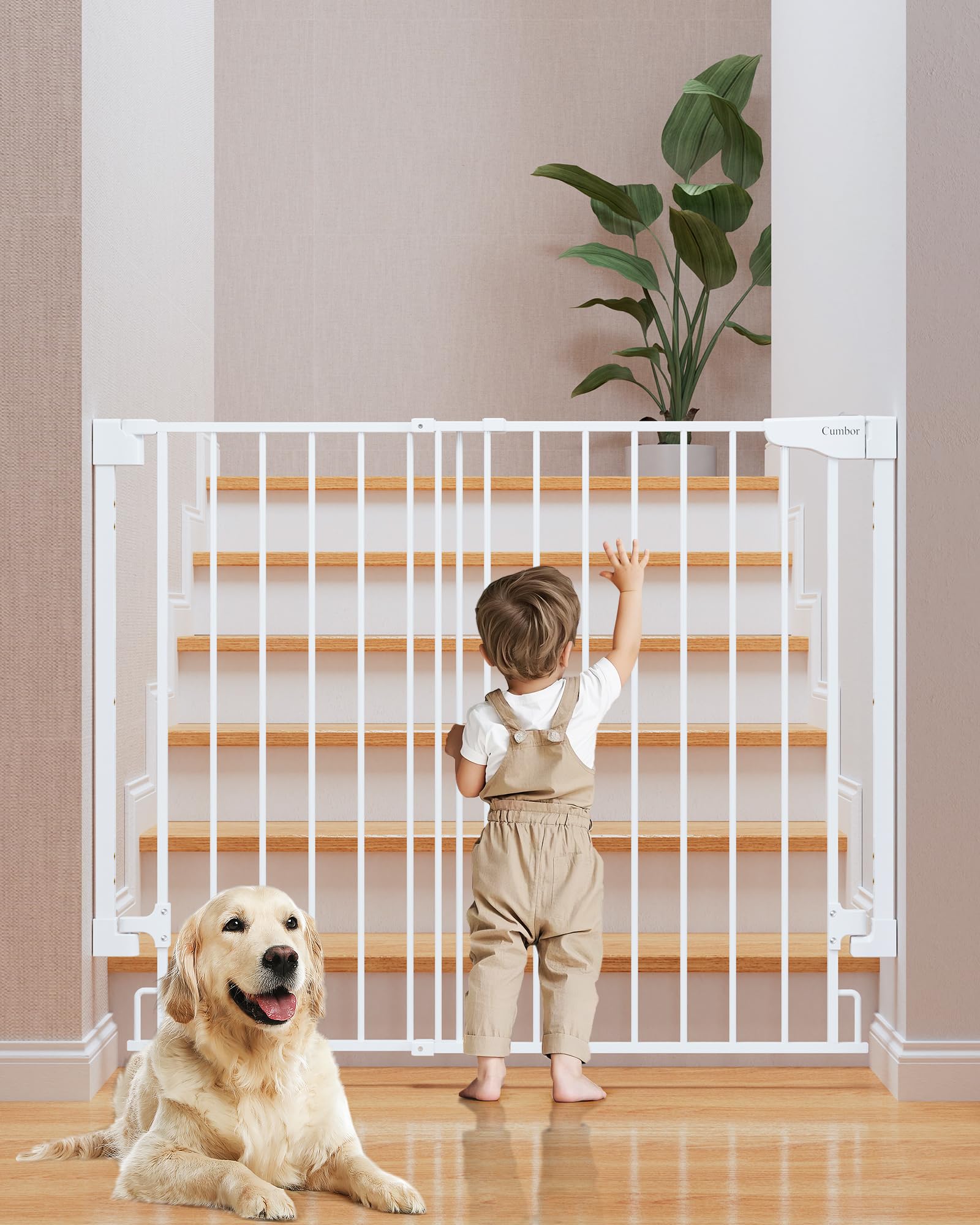 Photo 1 of Cumbor 34" Extra Tall No Bottom Bar Baby Gate for Stairs, Wall Mounted Dog Gate Indoor for Larger Pets, 29.2-43" Safety Gate for Doorways, Wide Walk Thru Door for Easy Access (White)