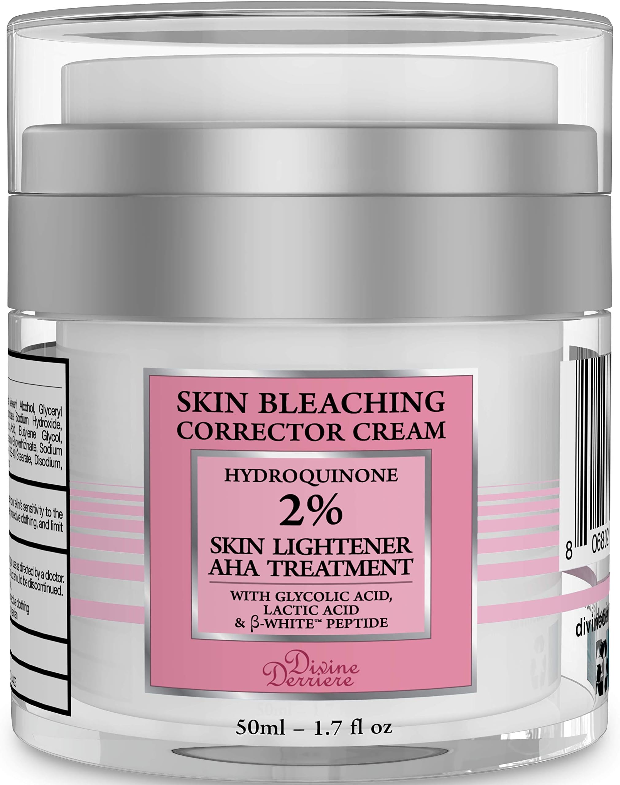 Divine Derriere Skin Lightening 2% Hydroquinone Bleaching Cream with 6% AHA Glycolic Acid and Lactic Acid - Fade Dark Spots, Freckles, Hyperpigmentation, Melasma and Discolorations. 1.7 Ounce