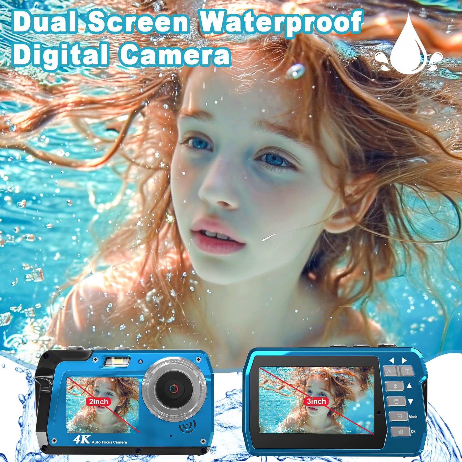 Waterproof Digital Camera, Underwater Camera with 32GB Card(Installed), 4K FHD 48MP Dual-Screen Selfie Under Water Camera for Photography, 10FT Waterproof Camera for Snorkeling, Surfing, Rafting