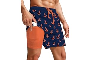 Yufawow Men Swim Trunks Compression Liner Quick Dry Drawstring Male Swimwear Swimsuit Swimtrunks Pattern Boardshorts