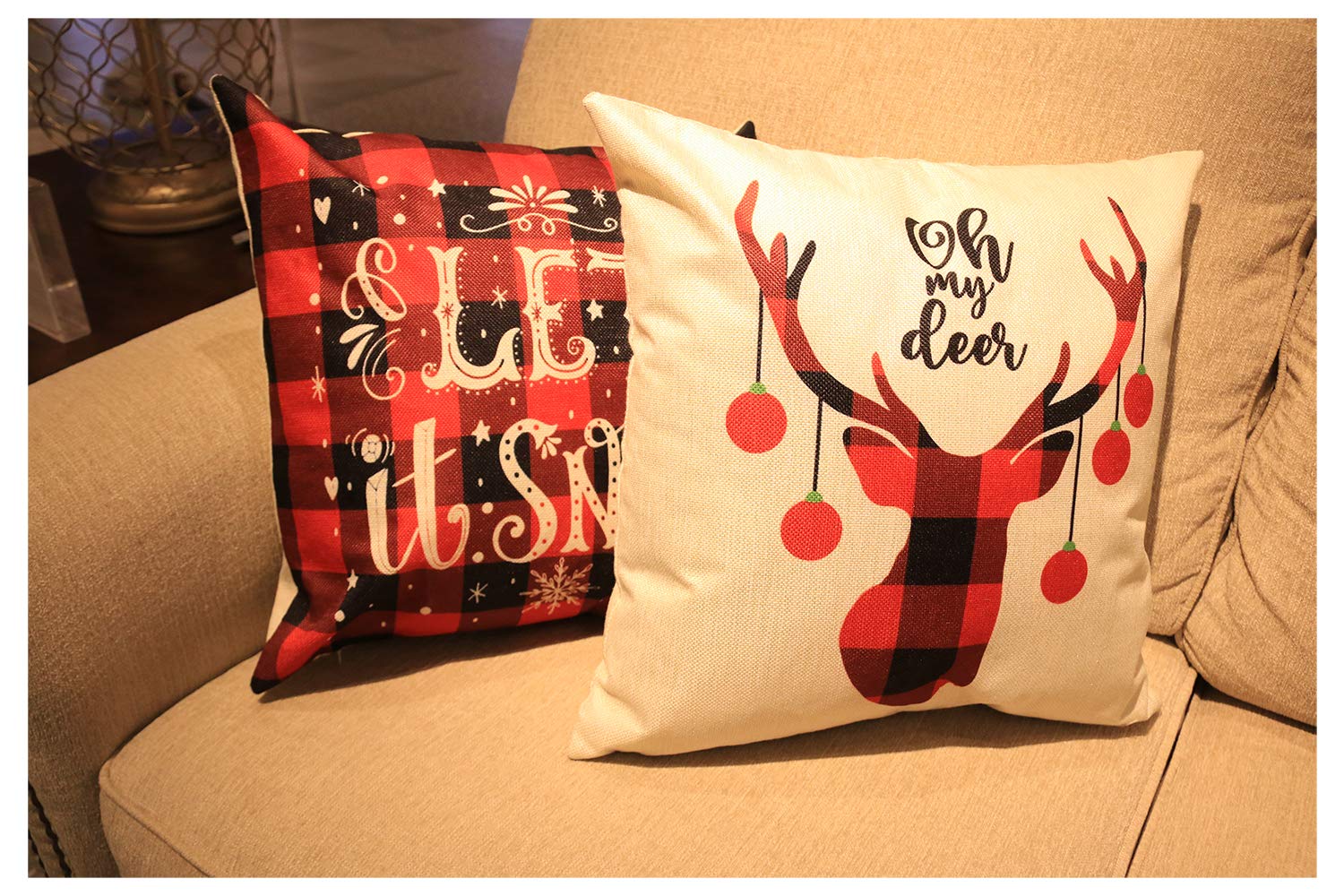 YEVIOR Klassisch Buffalo Plaid Kissenbezuge Weihnachten Dekorative Dekokissen Kissenhülle 4er Set, Christmas Motiv Schneeflocke Rentier Muster 45x45cm,Zierkissenbezüge für Sofa Zuhause Dekor,Leinen