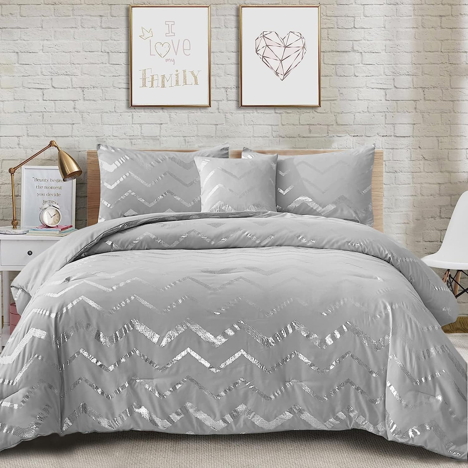 Grey Metallic Silver Duvet Cover with 2 Pillowcase Geometric Striped Bedding Set,Soft Microfiber,Double Size 200x200 cm