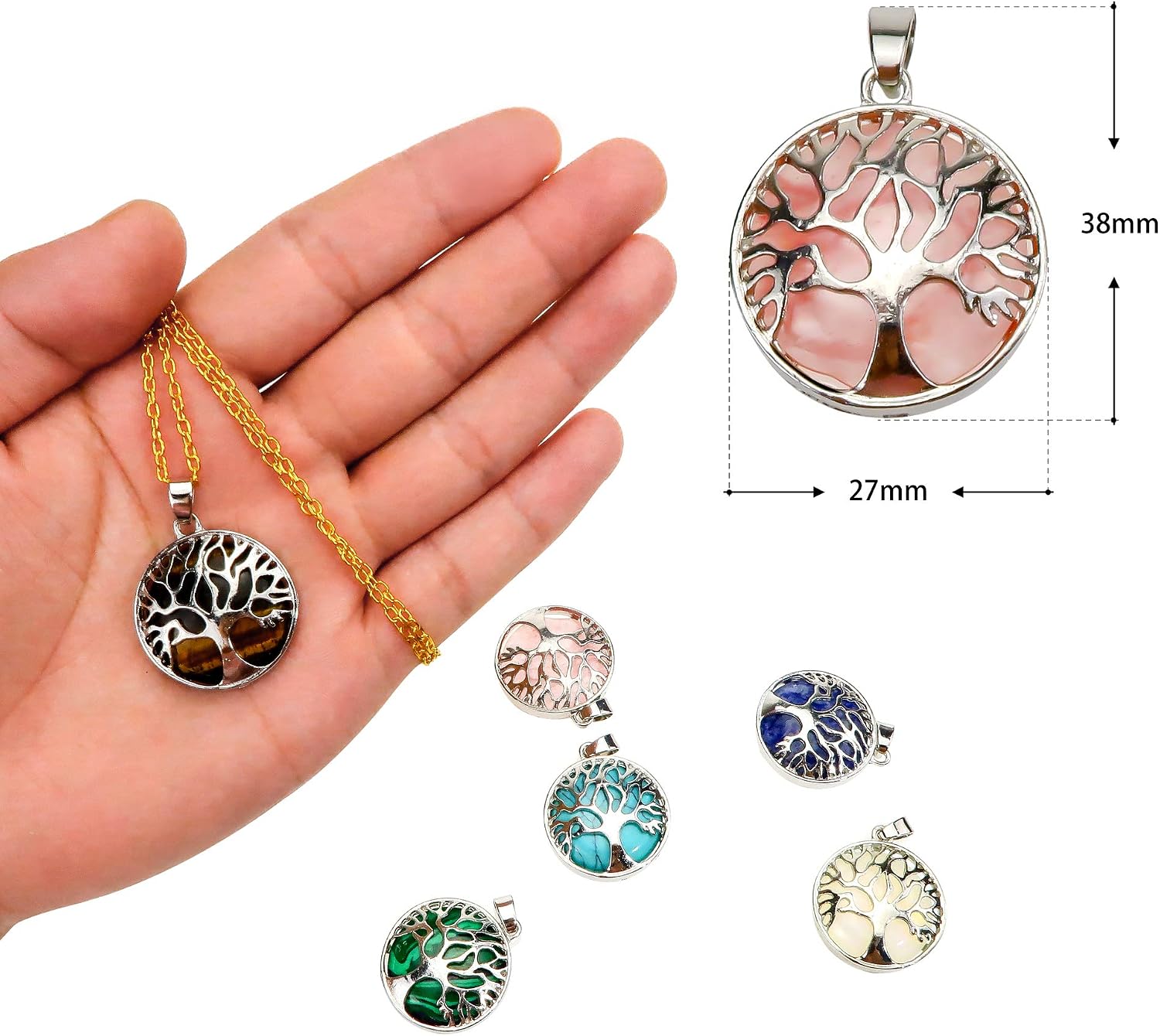 TOAOB 6 pcs 27 mm Tree of Life Charms Natural Gemstone Pendant for Jewellery Making Mixed Colors Metal Frame Hollow Round Charms for DIY Necklace Bracelet Earring Craft Supplies - Image 3