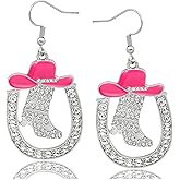 Fscwlmon Bling Cowgirl Boot Horseshoe Earrings for Women Cowgirl Cowboy Rhinestone Enamel Hat Western Dangle Earrings Rodeo Cowboy Accessory for Women Country Concert Outfits Jewelry Gift
