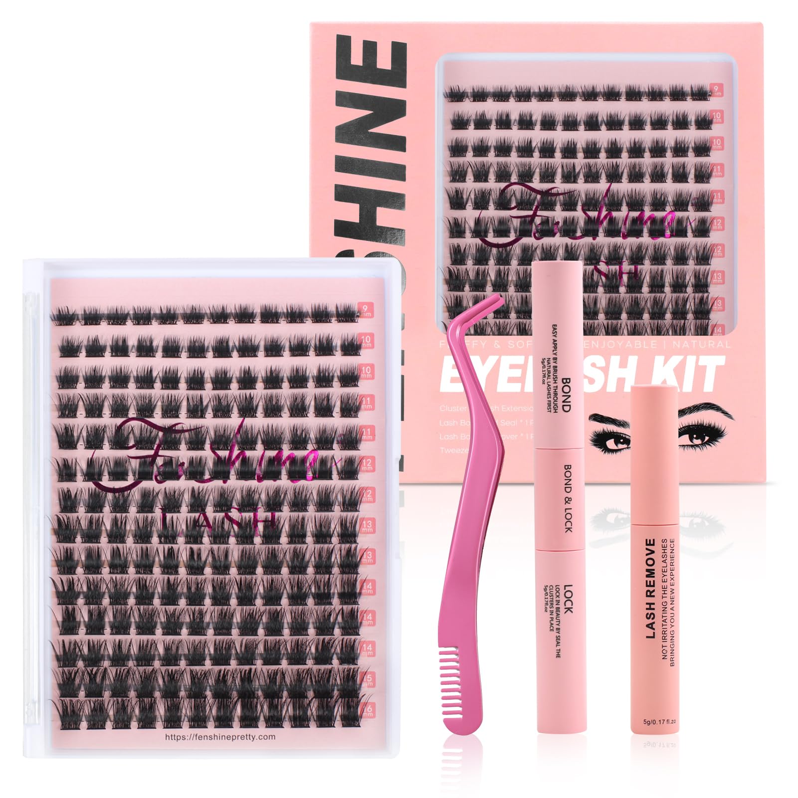 Fenshine Cluster Lashes Individual Lashes Wide Stem C/D Curl 9-15mm Length DIY Eyelash Extension Individual Soft False Lashes for Personal Use at Home (Pink Box, T50(9-16mm)168pcs)