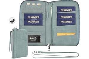 KICOROINY Family Passport Holder Wallet RFID Travel Document Organizer for Women Men, Portable Case Cover for Cards, Boarding Pass with Wrist & Neck Strap, Airtag Pocket, Travel Essentials Gifts (Blue, 1pack)