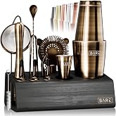 BARE BARREL&reg; Mixology Bartender Kit Bar Set | 14-Piece Cocktail Shaker Set | Martini Barware Mixing Tools for Home Bartending | Incl. 35 Recipe Cards | Gift Set (28oz Boston Shaker, Brass/Black)
