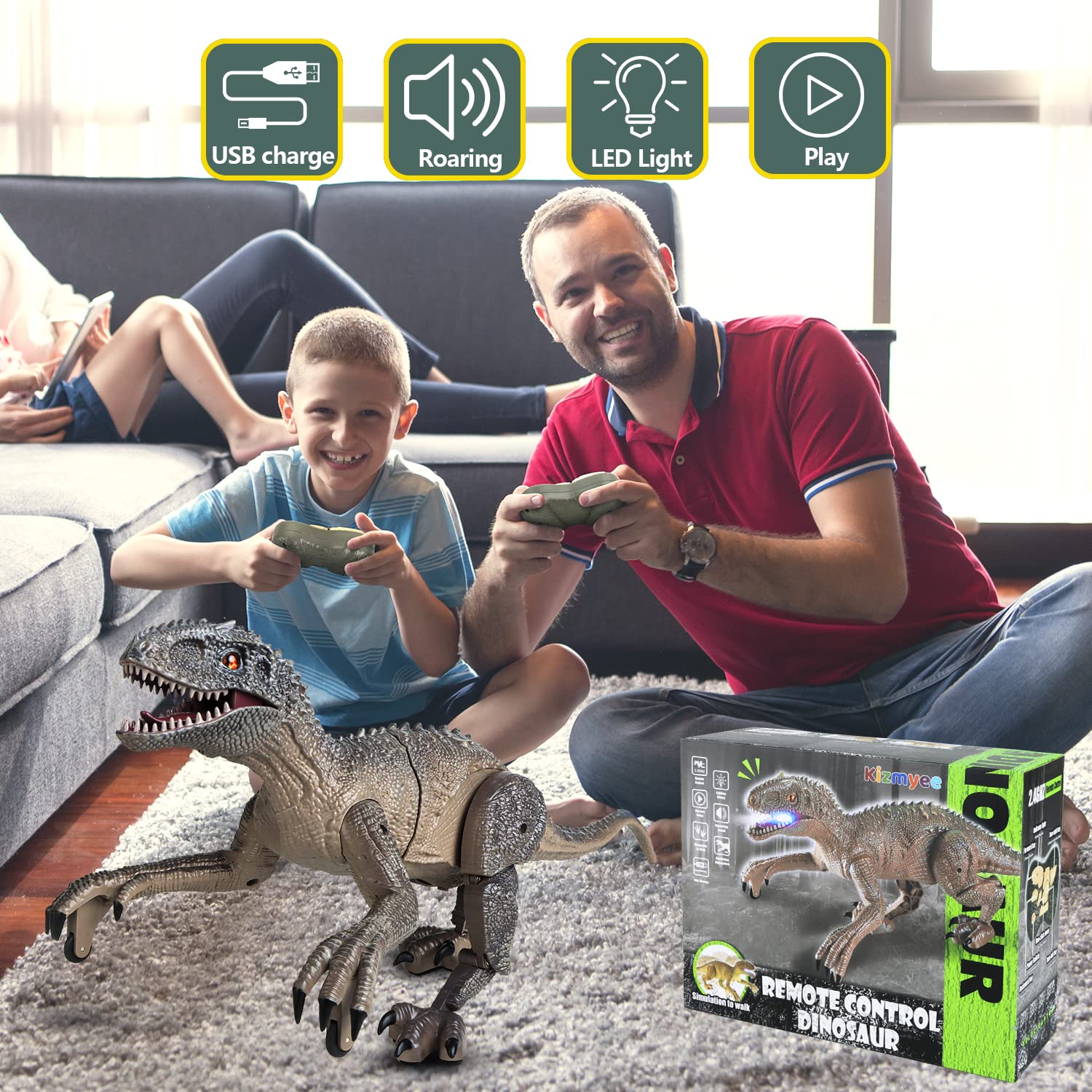 Kizmyee Dinosaurier Spielzeug，Dinosaurier Ferngesteuert für Kinder Realistisches Velociraptor mit Gehen，Brüllen，Leuchtenden Augen und Kopfschütteln Kleinkinder Jungen Mädchen Geschenkfür 6