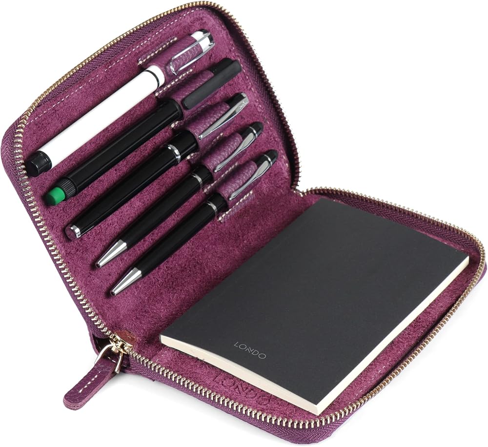 LONDO Genuine Leather Padfolio Purple with Zip Pen Holder Notepad
