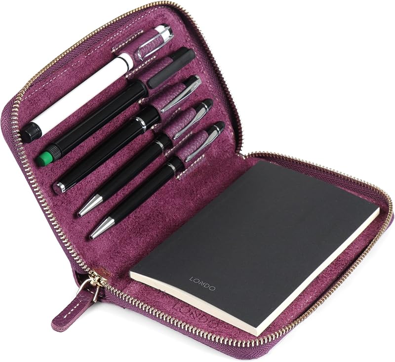 LONDO Genuine Leather Padfolio Purple with Zip Pen Holder Notepad