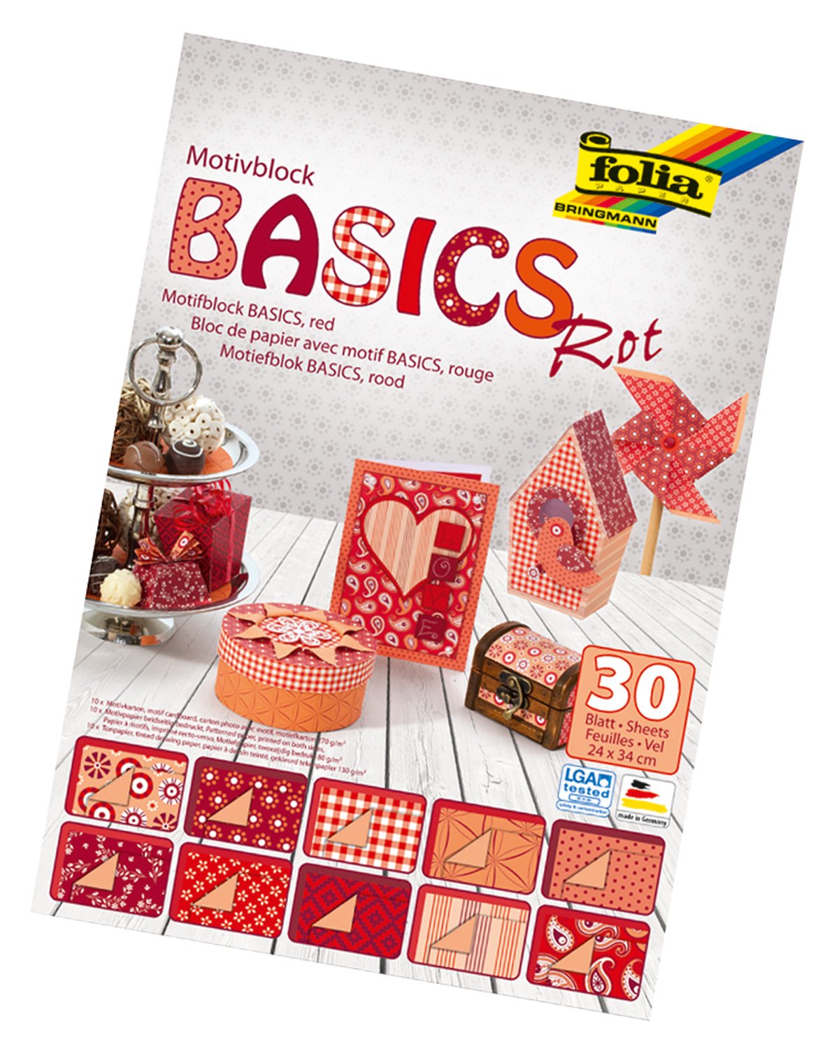 Folia Bringmann Basics Motif Block Craft Paper 24 x 34 CM 30 Sheets Red