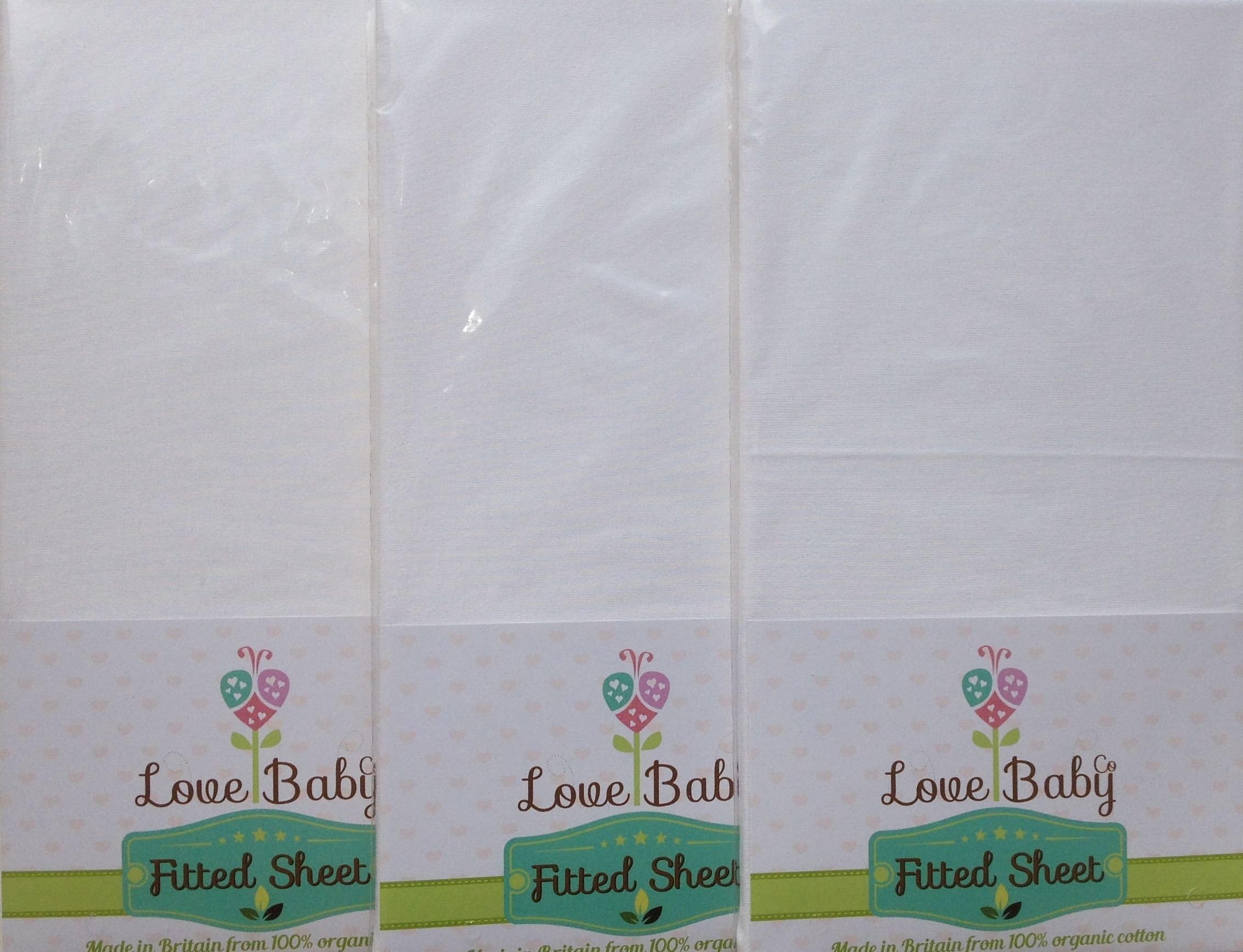 3 x Fitted Moses Basket Sheets 100% Organic Cotton White 78 x 33cm, fits Prams, Bugaboo Bee 3, 4 in 1