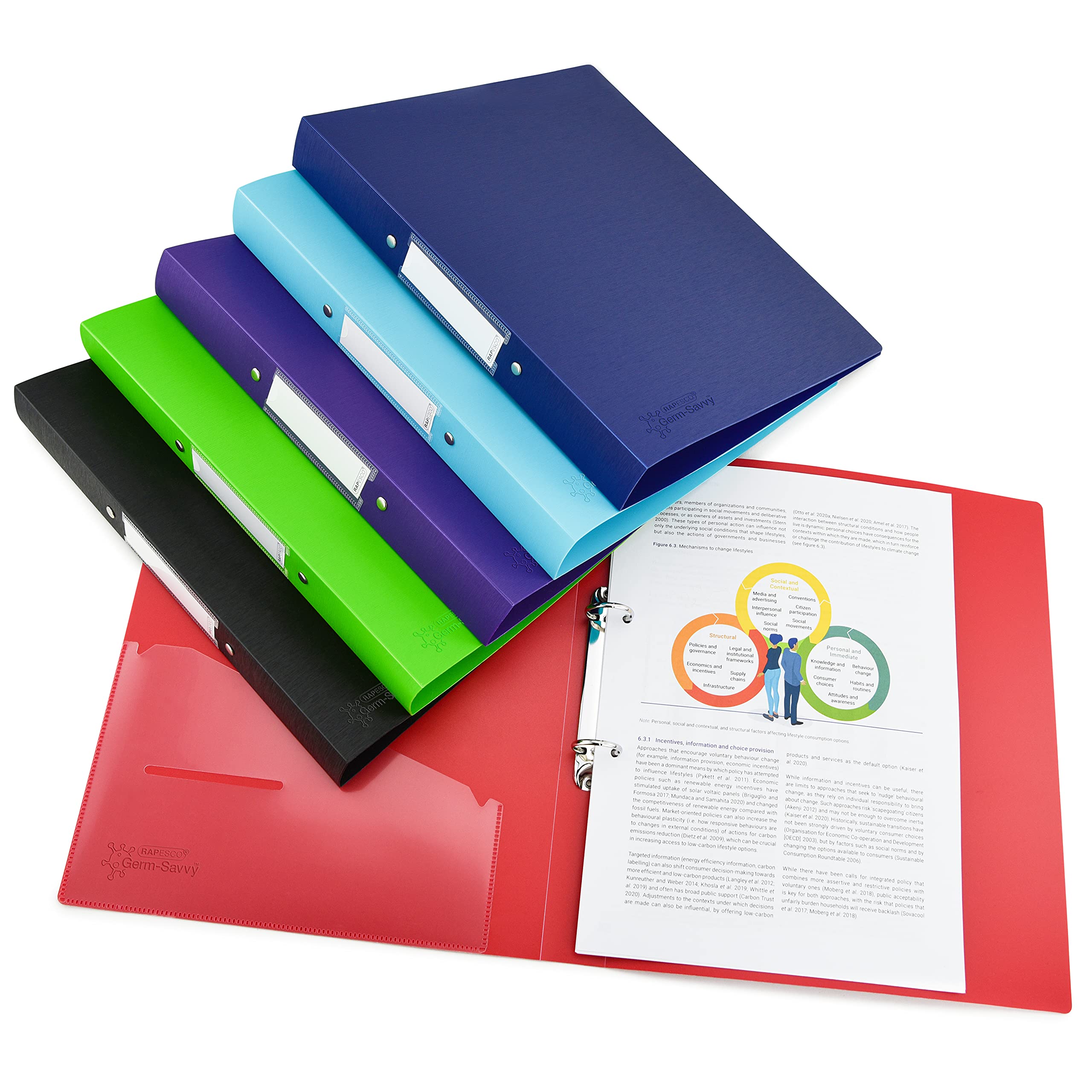 Rapesco 1659 2-Ring Binder with Antibacterial Protection, 35 mm Spine, A4, Assorted Colours, Pack of 6