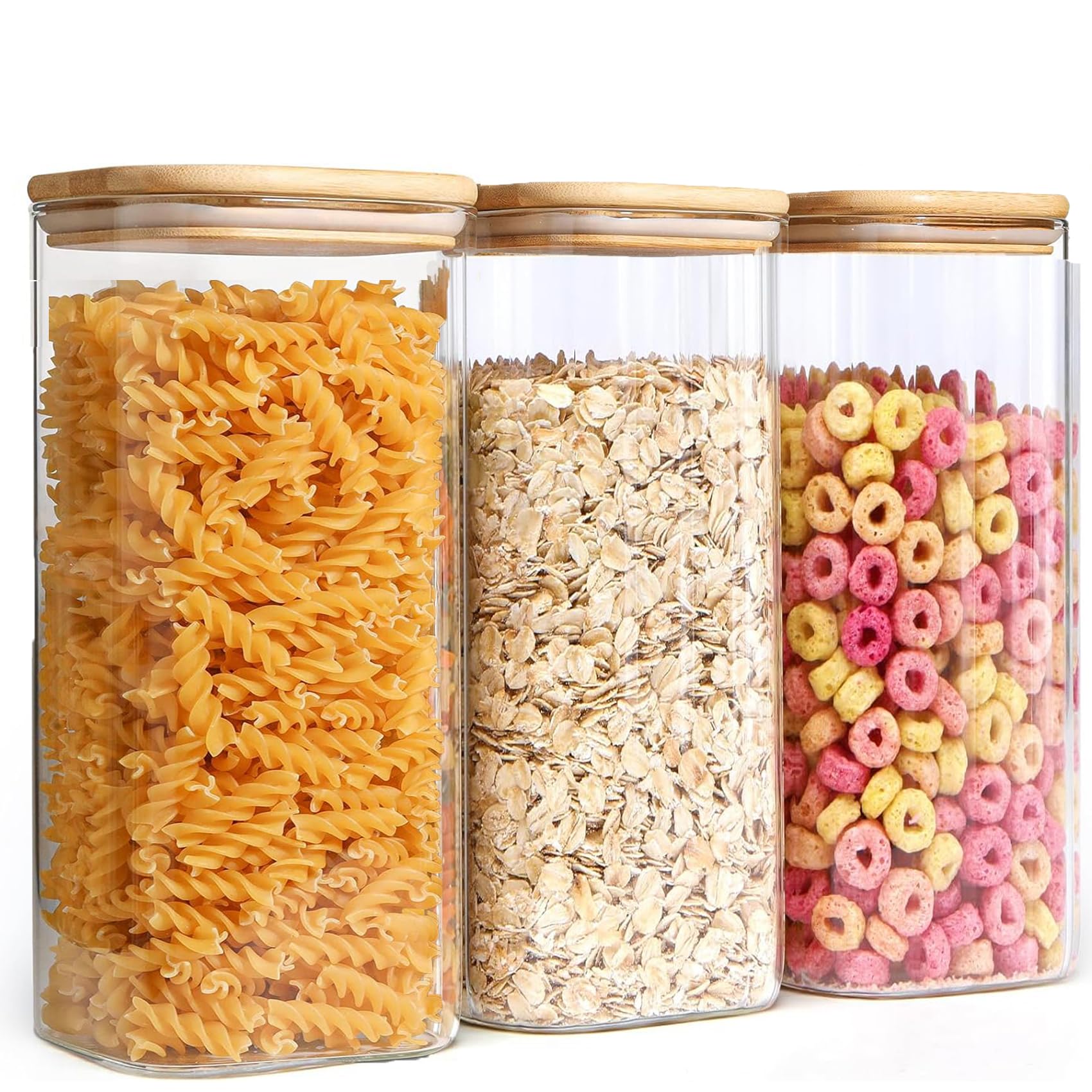 Fulfun 1500ml Glass Jars with Bamboo Lids, 3pcs Air Tight Kitchen Food Cereal Containers for Storage,Canister Set for Jam Pasta Spaghetti Tea Coffee Beans Cookie Snack Flour