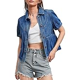 Kedera Womens Button Down Denim Shirts Casual Blouses Peter Pan Collared Short Sleeve Ruffle Hem Jean Shirt
