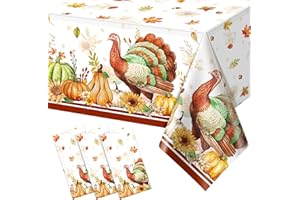 FUNNYPARS 3 Pack Thanksgiving Tablecloth Disposable, Plastic Thanksgiving Table Cover for Rectangle Tables, Watercolor Turkey Pumpkin Maple Leaves Table Cloth for Fall Harvest Party Decorations, 54 x 108 Inch
