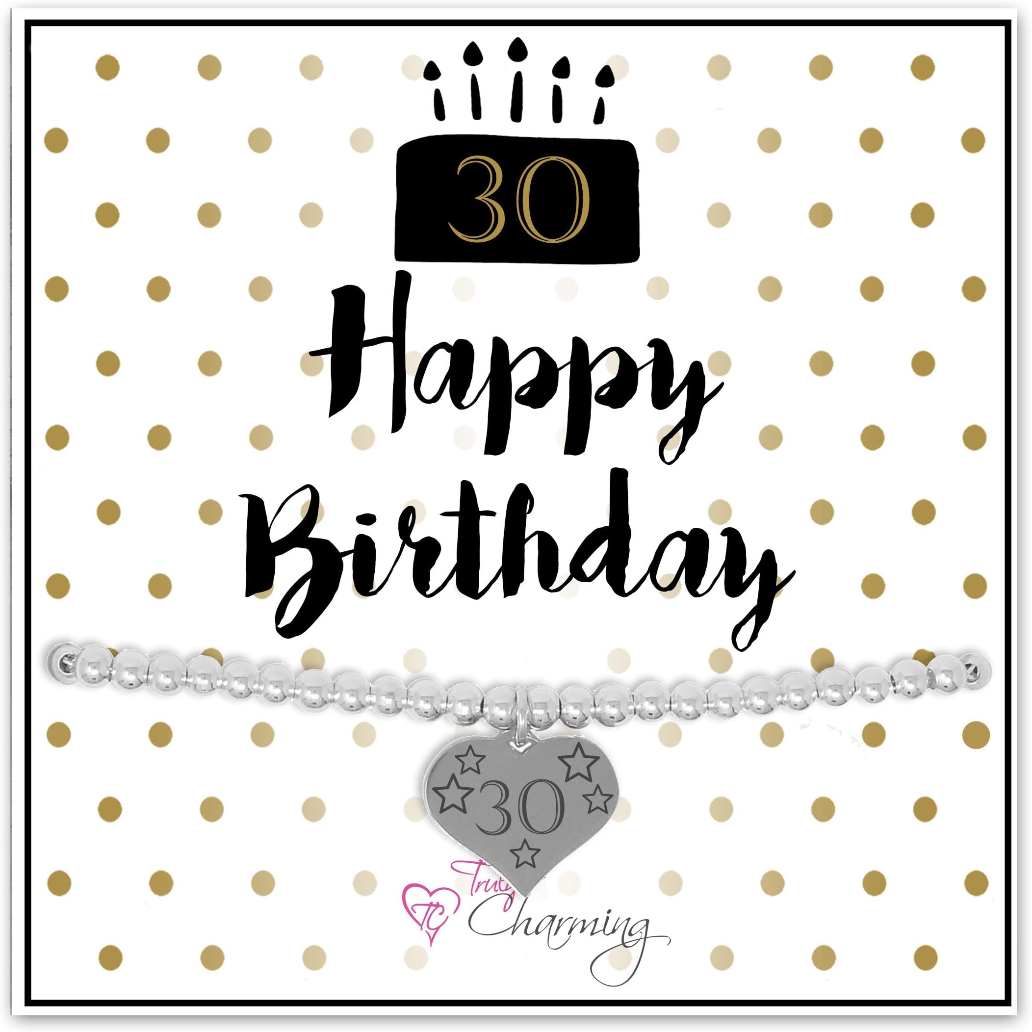 Happy 30th Birthday Engraved Adjustable Silver Plated Bead Bracelet Mounted On A Stylish Backing Card