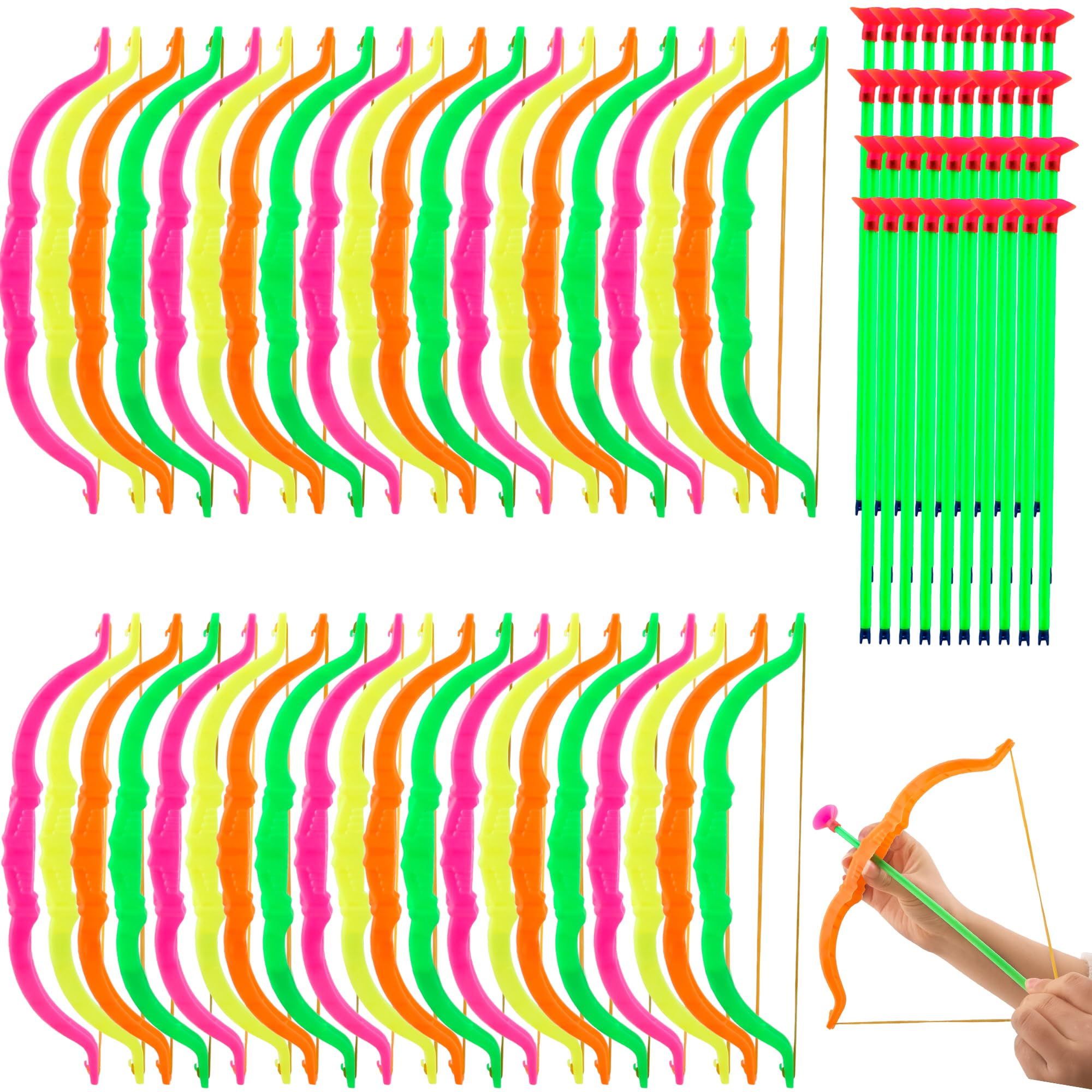 40 Pack Kids Bow and Arrow Set Mini Play Bow and Arrow Plastic Archery Shooter Toy for Sport Game Party Favors, 4 Random Colors