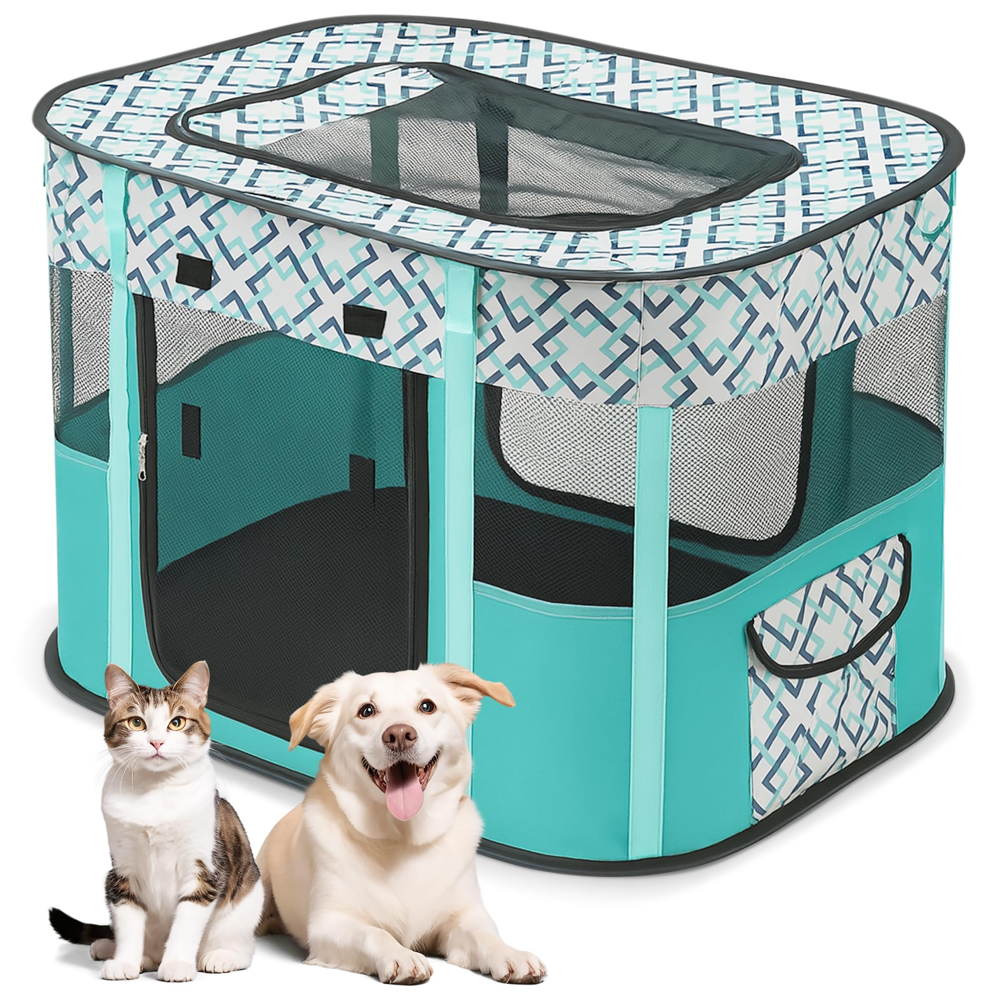 ALLSOPETS Cat Playpen for Dog, Foldable Pet Play Pen for Indoor Outdoor Use, Portable Dog Cat Crate Tent for Puppies Kittens, Pop-Up Pet Cage for Travel Camping (Green Plaid, XL)