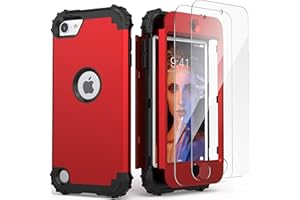 IDweel for iPod Touch 7th Generation Case with 2 Screen Protectors, Hybrid 3 in 1 Shockproof Slim Heavy Duty Hard PC Cover Soft Silicone Bumper Full Body Case for iPod Touch 5/6/7th Gen, Red