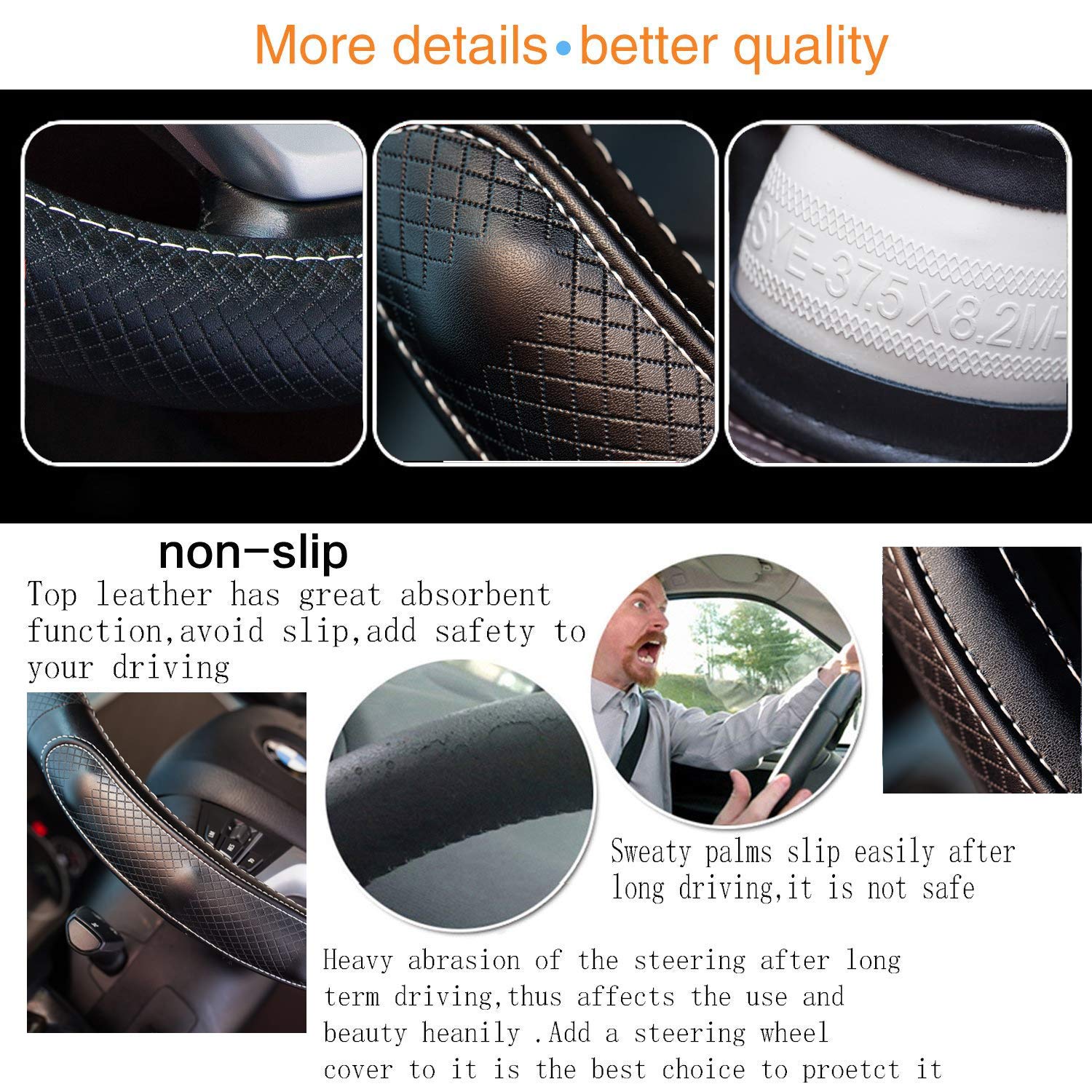 Super Accessories Auto Steering Wheel Cover Leather Universal 15 inch Fashion Feel Comfortable with Genuine Leather Steering Wheel Cover for Car Truck SUV (Black with White Lines)