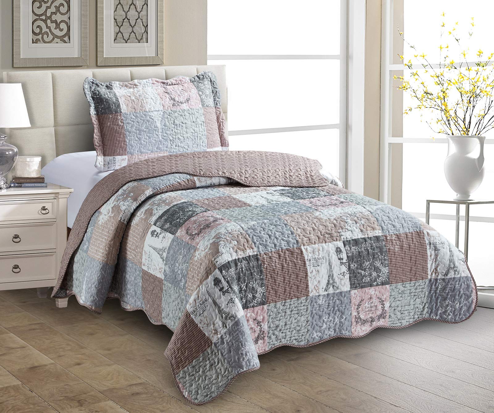 Photo 1 of Brilliant Sunshine Paris and Toile Floral Quilt Set, 2-Piece Bedding Sets with 1 Sham, Patchwork Design, Washable and Reversible Bedspread, Soft Lightweight Coverlet, All-Season, Twin, Latte Grey