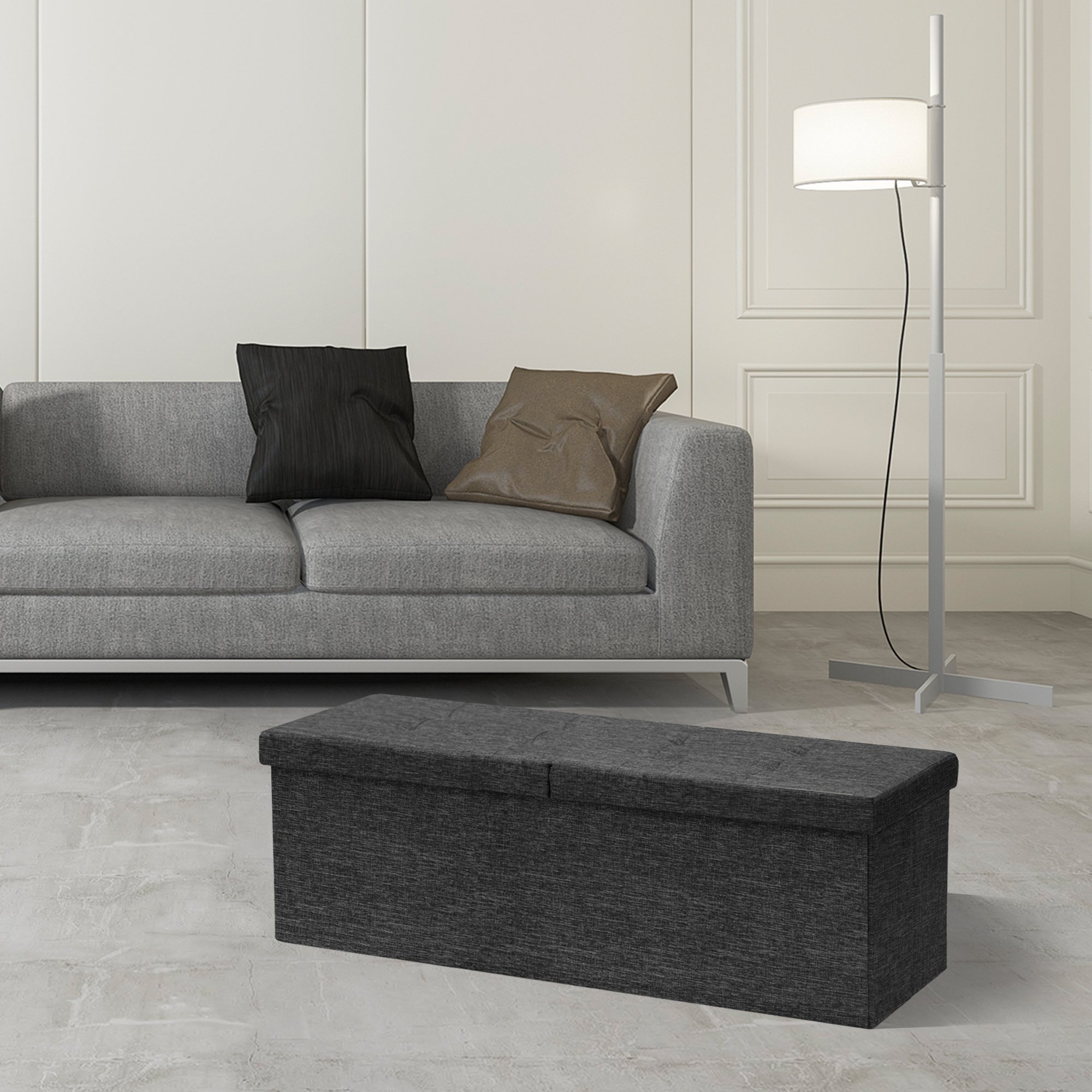 Otto & Ben 45" Storage Folding Toy Box Chest with Smart Lift Top Linen Fabric Ottomans Bench Foot Rest for Bedroom, Dark Grey