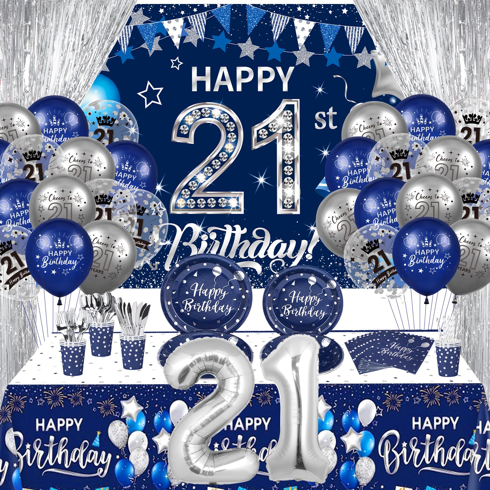 Photo 1 of Rumia 21st Birthday Decorations for Men and Women, 131 PCS Navy Blue Silver Party Supplies Includes Happy Banner Balloons Napkins Cups Tablecloth Plates Foil Backdrops Anniversary Decor B1G7K1AUS