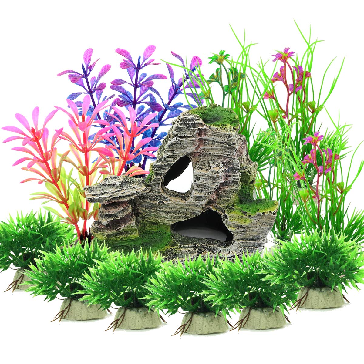 Vibury Aquarium Decoration Plants, 13 Pieces Size Plastic Aquarium Plants Decoration and Rock Polyresin Cave Ornament Decoration