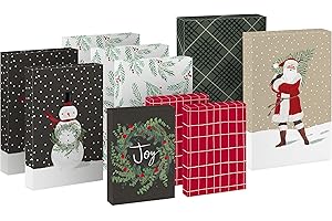 Hallmark Christmas Shirt Boxes for Presents (10 Clothes Boxes with Lids: 3 Small 11", 5 Medium 14", 2 Large 16") Red, Green and Black Plaid, Snowmen, Santa, Winter Greenery
